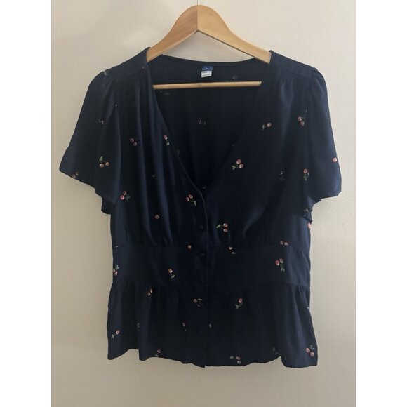 Old Navy V-neck Button Down Crepe Top XL Navy Cherries Flutter Sleeve Smocked - Picture 2 of 12